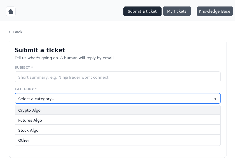 The Submit a ticket form, with the Category dropdown open showing routing options.
